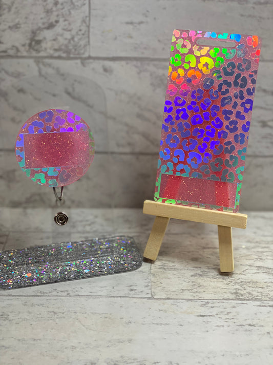 Holographic Leopard print Badge Buddy and Badge Reel Set