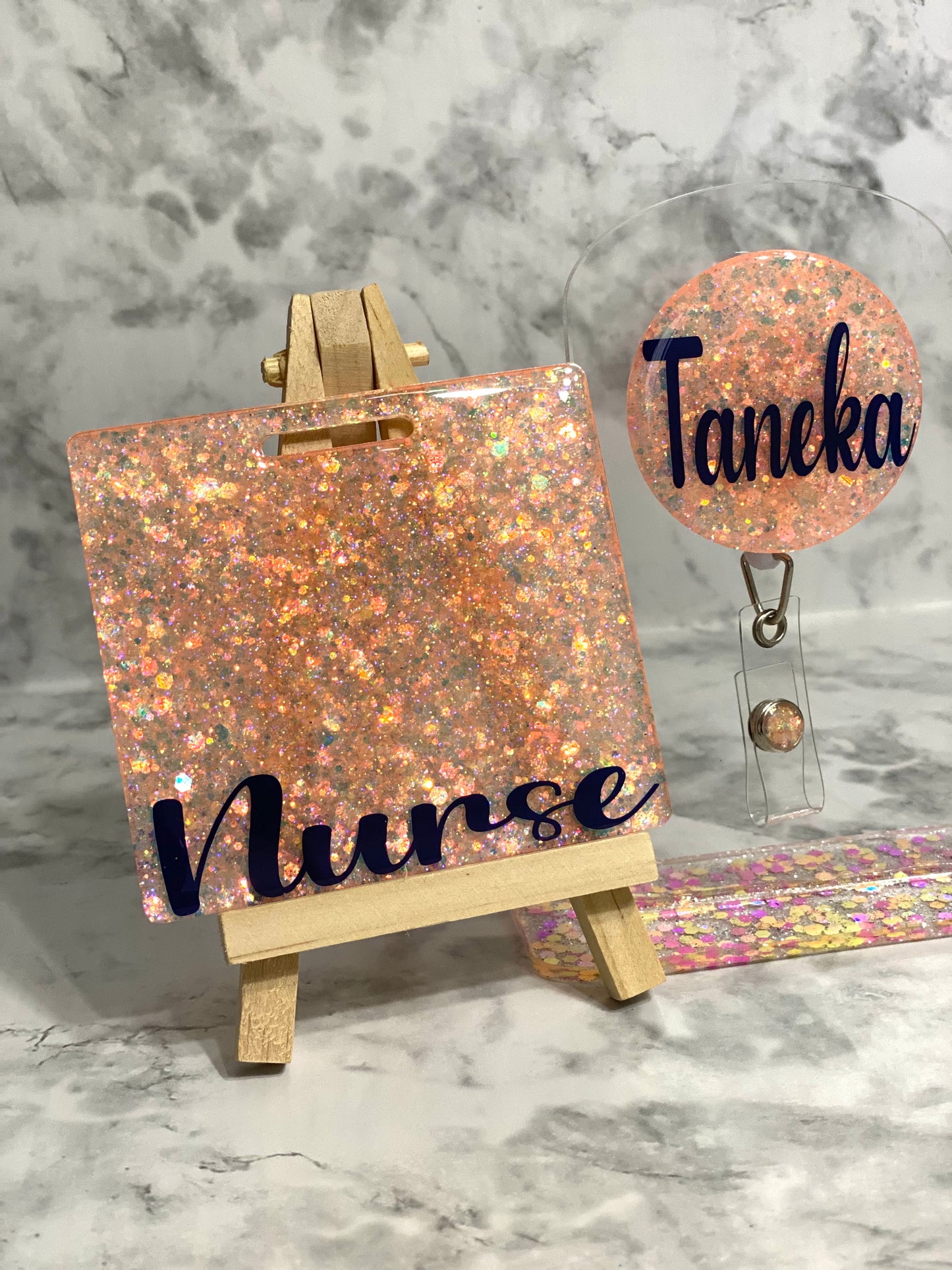 Peach Glitter with Dark Blue Vinyl in Chocolate Font