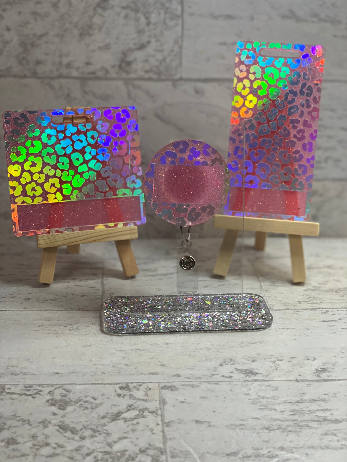 Holographic Leopard print Badge Buddy and Badge Reel Set