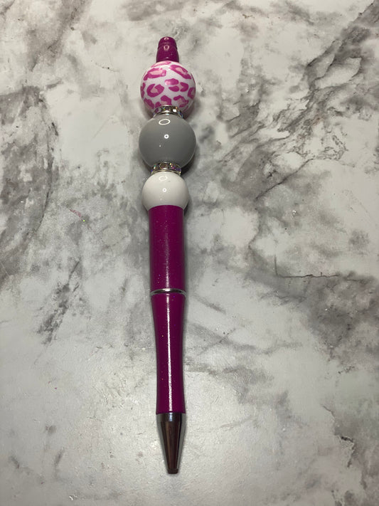 Pink/ Gray Leopard Beaded Pen
