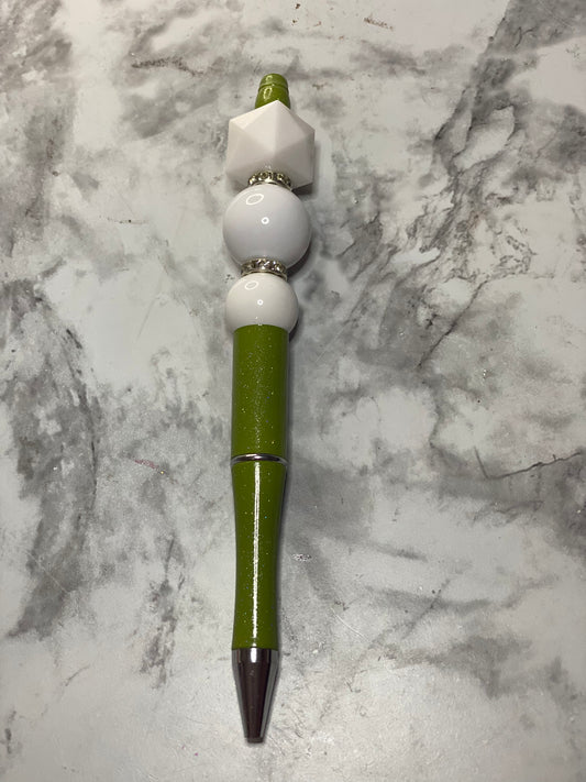 Green and White Beaded Pen