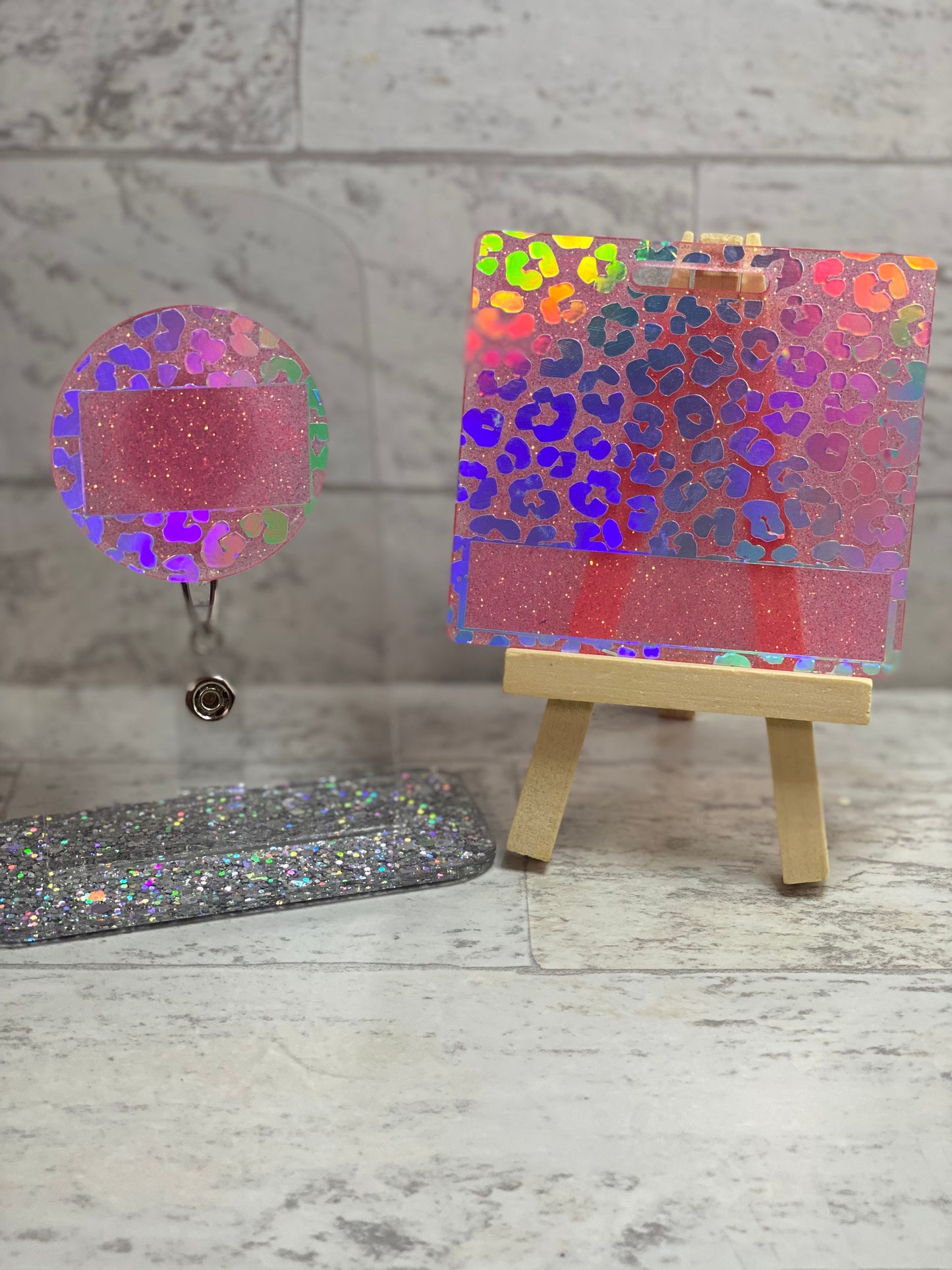 Holographic Leopard print Badge Buddy and Badge Reel Set