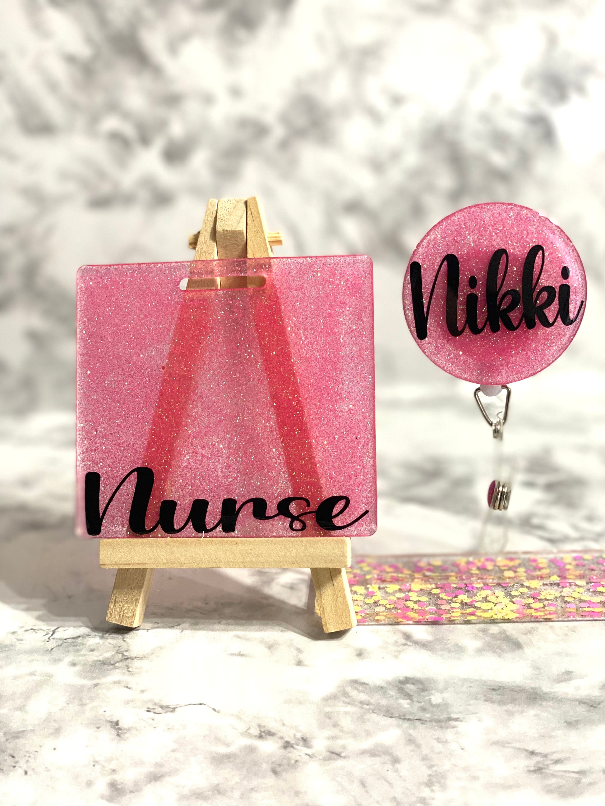 Fine Pink Glitter with Black Vinyl in Chocolate Font