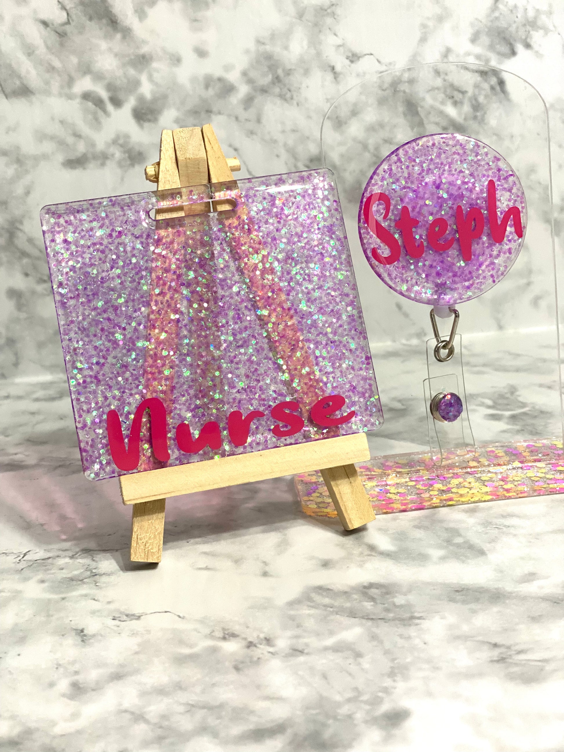 Lavender Glitter with Pink Vinyl in Sweet Purple Font